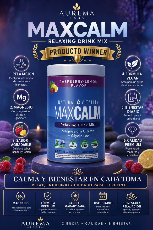 MAX CALM® Bebida Relajante de Magnesio Calma, descanso y bienestar en cada vaso.