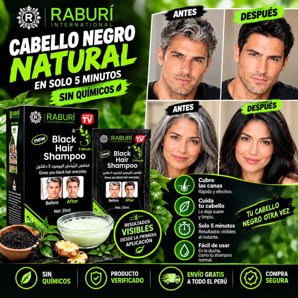 🖤 Shampoo Cubre Canas Raburi – Cabello Oscuro en 5 Minutos para Hombres y Mujeres