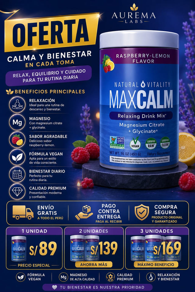 MAX CALM® Bebida Relajante de Magnesio Calma, descanso y bienestar en cada vaso.