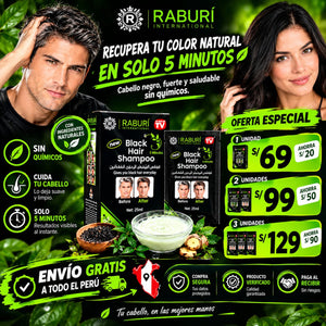 🖤 Shampoo Cubre Canas Raburi – Cabello Oscuro en 5 Minutos para Hombres y Mujeres  Copiar título